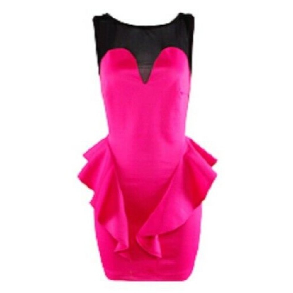 Hot Pink Sheer Mesh Low Back Ruffle Peplum Dress S - Picture 6 of 6